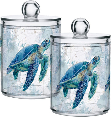 Sea Turtle Pattern Apothecary Jars with Lid, 10 Oz Clear Plastic Apothecary Jar Set Qtip Holder Storage - Set of 2