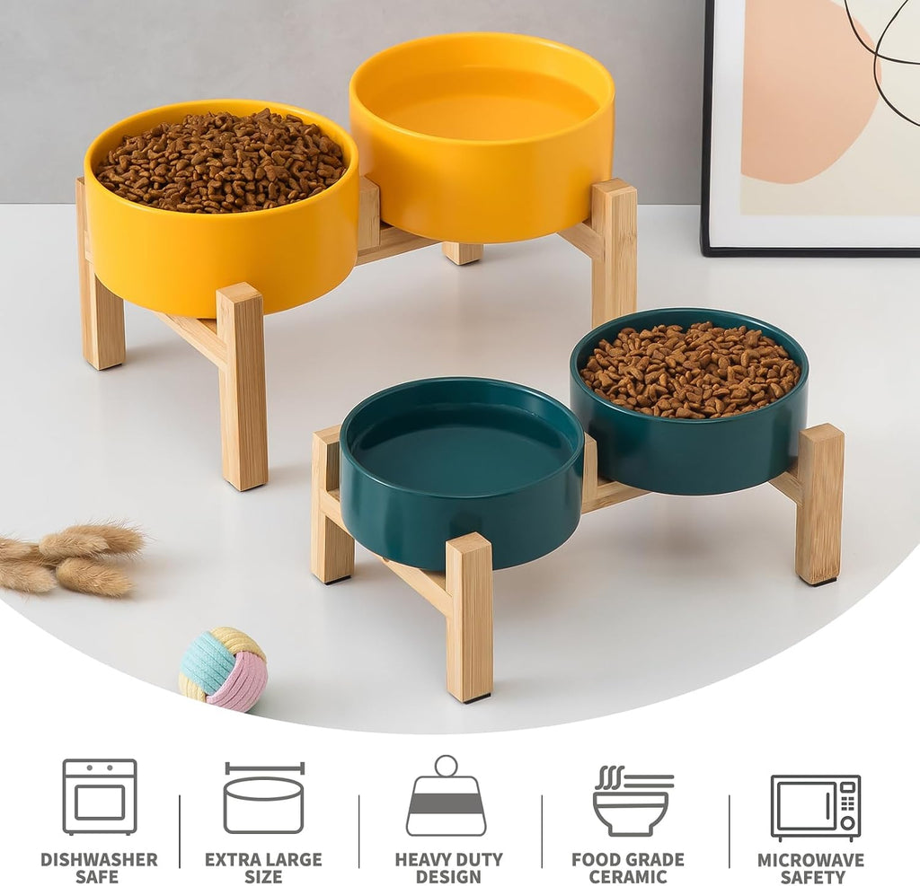 Elevated Ceramic Dog Bowl Set - Raised Dog Bowls with Non Slip Bamboo Stand, Food and Water Bowl Set for Kitty, Cats