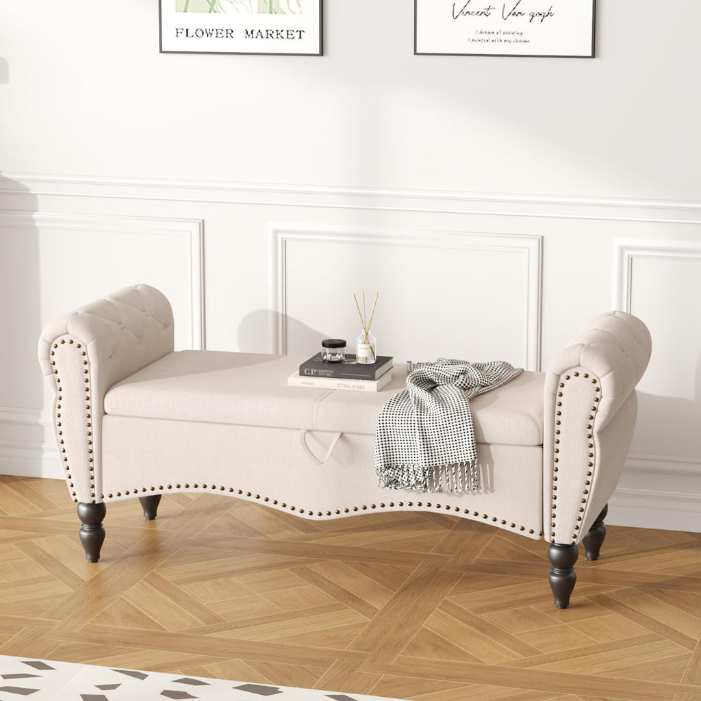 Storage Ottoman Bench, Upholstered End of Bed Bench with Solid Wood Legs Modern Shoe Storage Bench Indoor Bench