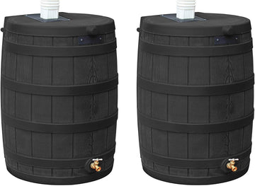 Rain Wizard Water Collection Barrel, 50 Gallon, Black, 2 Pack | Faux Wood Design - Plastic Outdoor Home Rain Barrel