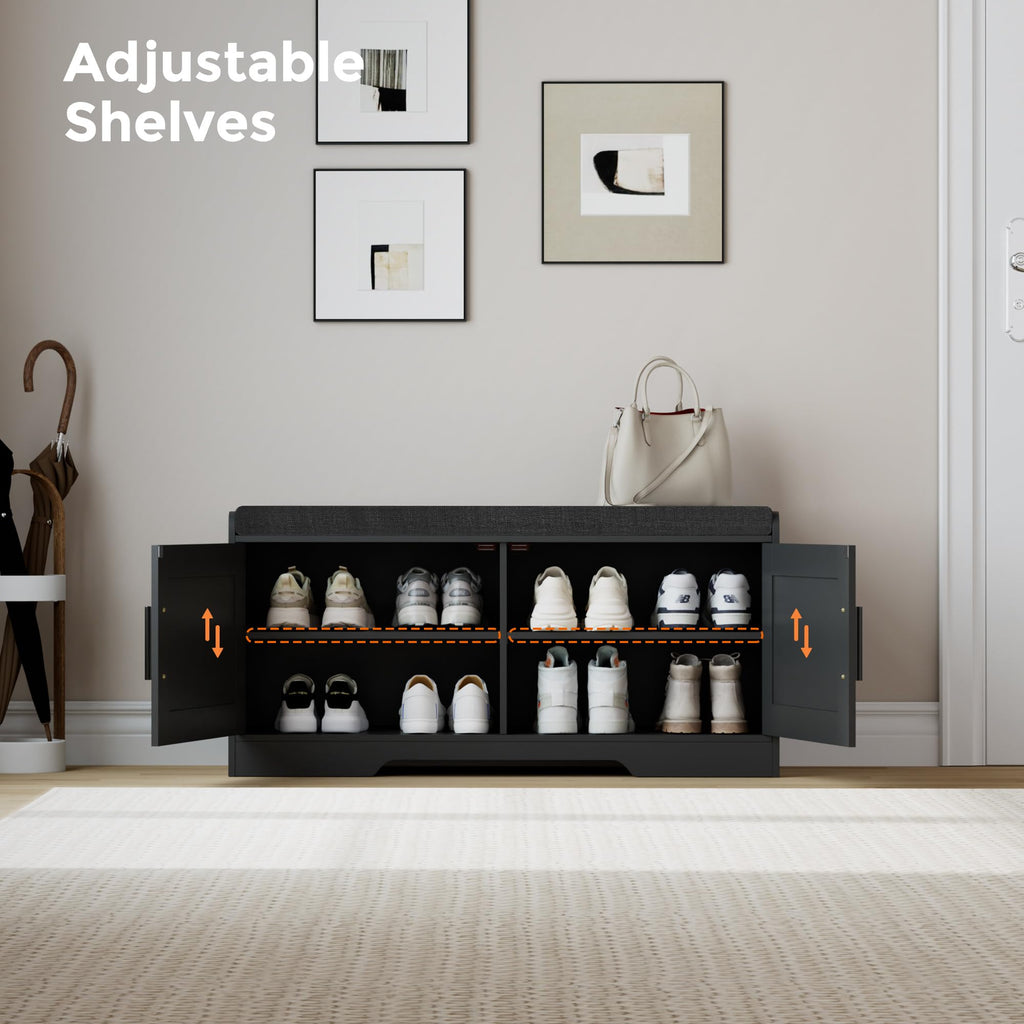 Shoe Storage Bench, 2 Doors & Thickened Padded Seat Cushion