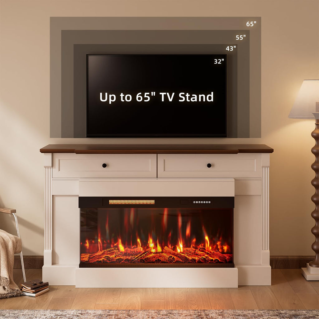 61" Electric Fireplace with Mantel, Fireplace TV Stand, White