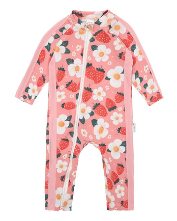 Baby Girl Strawberry One Piece Rash Guard Swimsuit, Long Sleeves Full Body Zipper Toddler Rashguard Swimwear Bathing