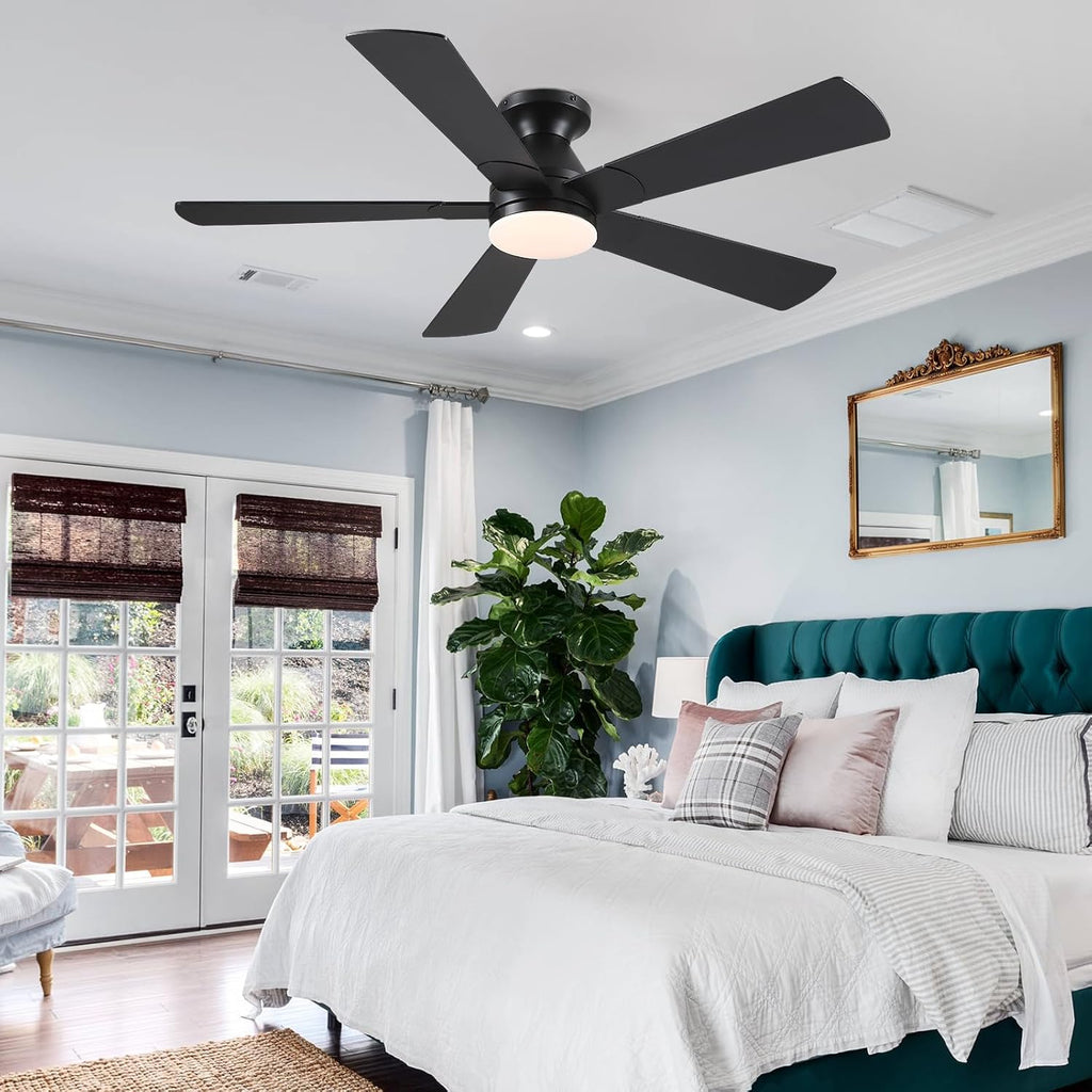 Black Ceiling Fans with Lights - 52In Flush Mount Ceiling Fan Light with Remote, 3CCT Dimmable and 6 Wind Speeds, Modern Low Profile Fan Light for Indoor Bedroom, Covered Outdoor A101-B0DTD3YZKT