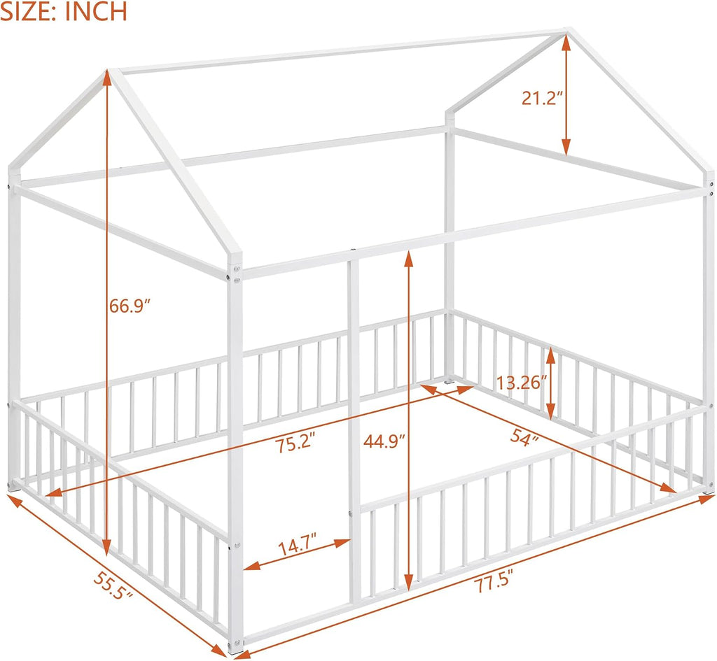 Floor Bed Frame, Metal Montessori Floor Bed with Fence for Boys Girls Bedroom Playhouse for Kids No Slat