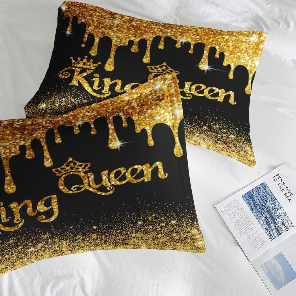 Comforter Set Queen, King Queen Black Gold Crown 7 Pcs Bedding for Kids and Adults