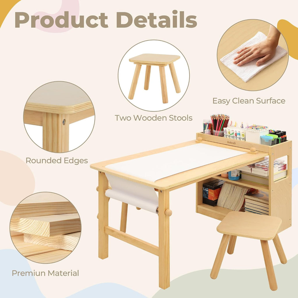 Kids Art Table and 2 Chairs Set with Roll Paper & Storage, Wooden Kid Craft Table for Drawing, Learning and Reading