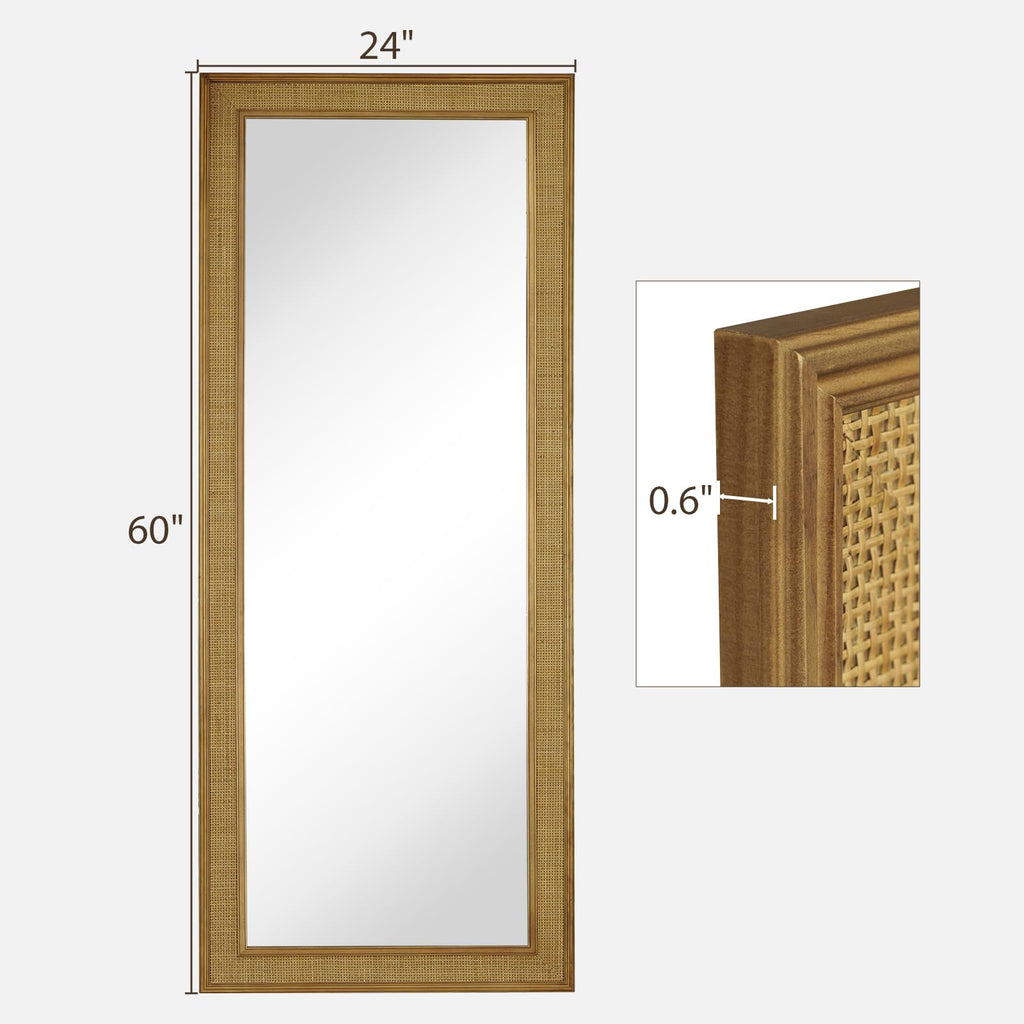 Rattan Wall Mirror Rectangle, 24 X 60 inch Rattan Mirror with Wooden Framed for Wall Decor Bathroom, Living Room