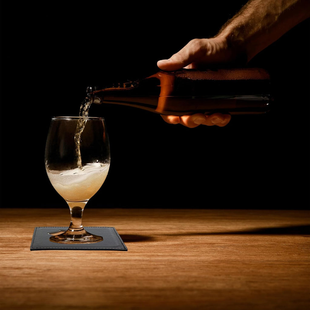 Dual Function Coasters with Built-in Bottle Opener, Stainless Steel & PU Leather Drink Coasters for Tabletop - Set of 4