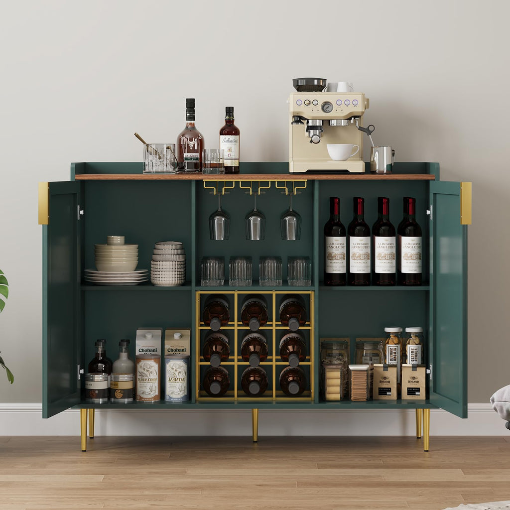 48" Wine Bar Cabinet with Fluted Texture, Buffet Sideboard, Green