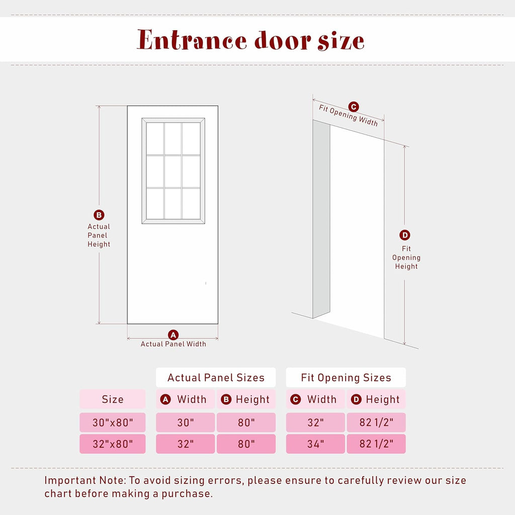 Entry Door, 32" x 80", 1-Panel Frosted Glass Front Door, Solid Wood & MDF Construction, Waterproof Primer, Easy to