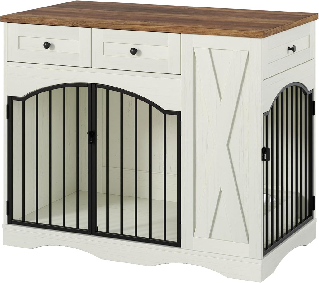Dog Crate Furniture, Wooden Dog Kennel with 3 Drawers, Beige