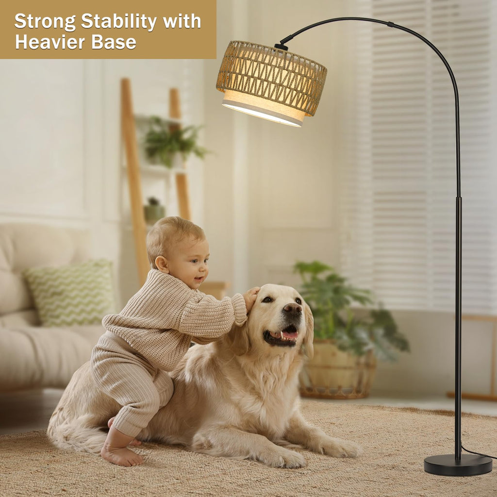Rattan Floor Lamp, Dimmable Arc Floor Lamps with Adjustable Head