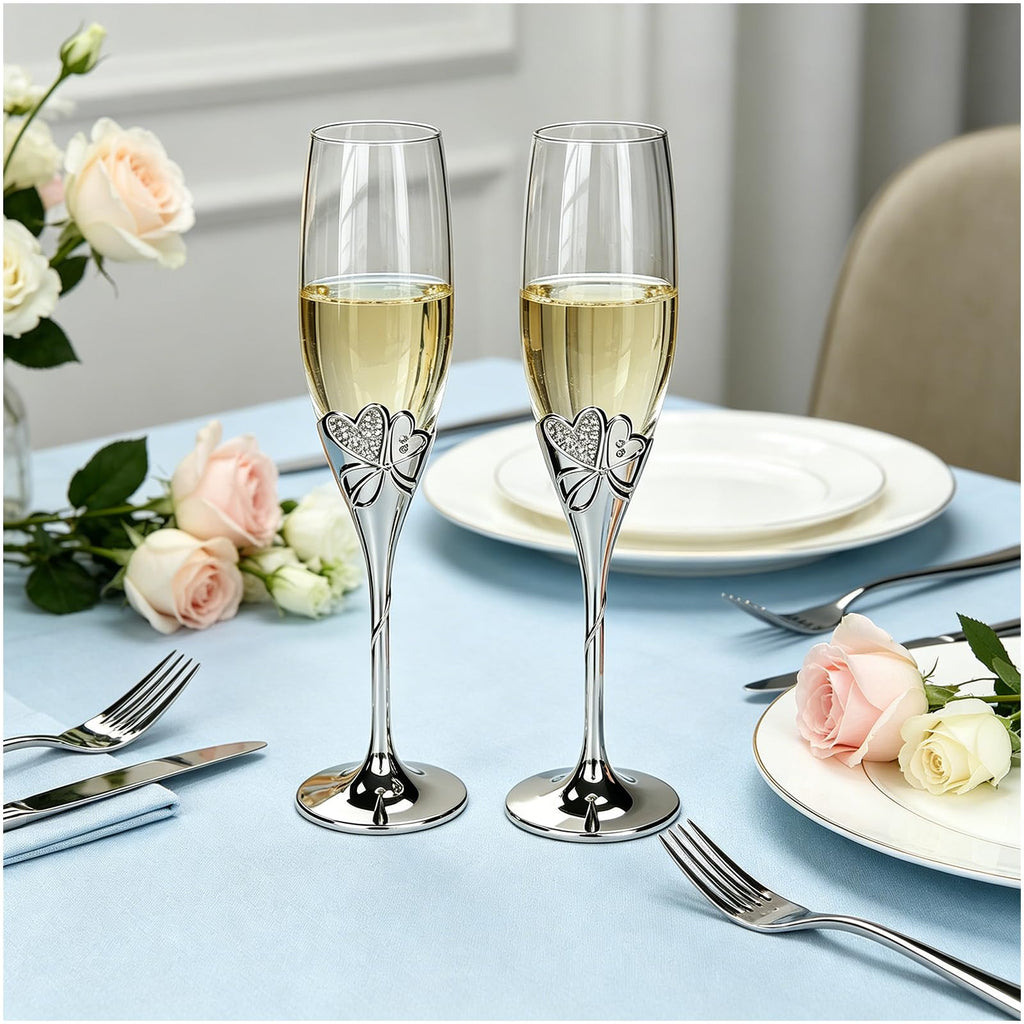 True Love Silverplate Champagne Flutes Set of 2 Silver Toasting Glasses with Metal Base & Crystal Stones, Flute Pair