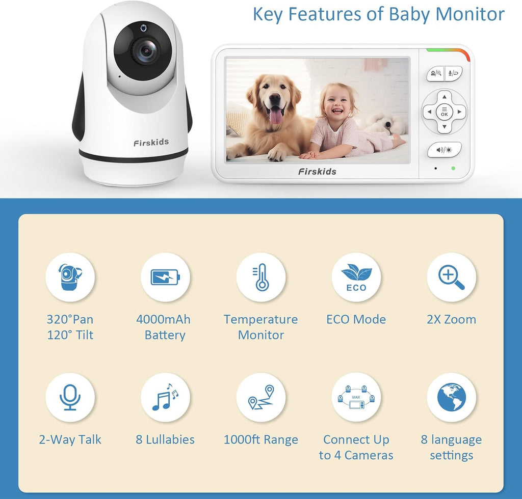 5" Baby Monitor with Camera and Audio, No WiFi Travel Baby Monitor, Pan Tilt Zoom Baby Camera Monitor with Way