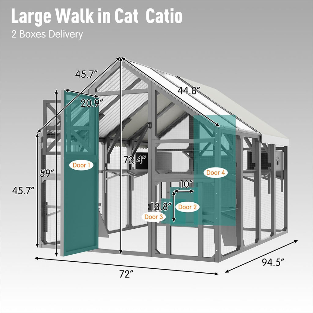 Extra Large Outdoor Catio for Multiple Cats, Walk-in Wooden Cat Enclosure with Bridges, 8 Platforms, 2 Resting