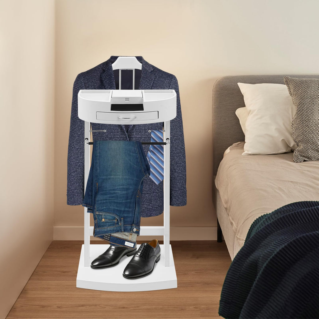 Suit Valet Stand for Men and Women, Wood Suit Stands Butler Clothing Rack, Floor Standing Clothes Valet with Drawer
