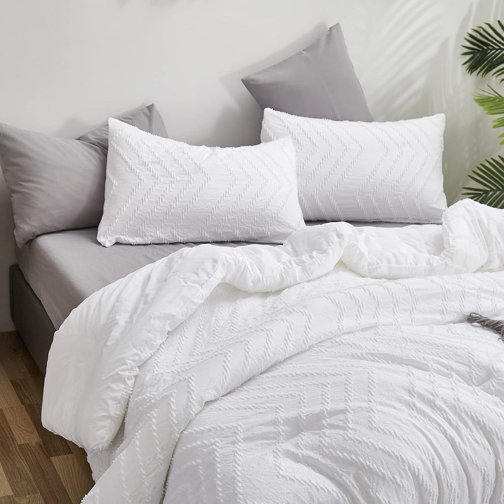 California King Comforter Set White Boho Tufted Jacquard Bedding Sets Cal King Women Solid White Shabby Chic
