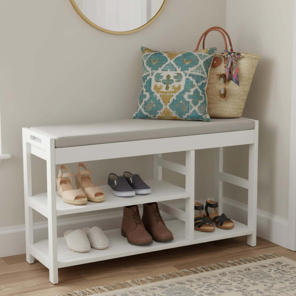 Shoe Bench - 3-Tier Wooden Shoe Rack, Mudroom, or Bedroom - Entryway Shoe Storage with Padded Seat Cushion (White)