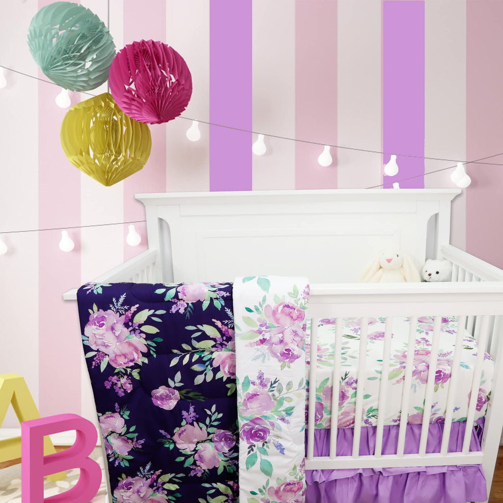 4 Piece Crib Bedding Set for Girls, Purple Flower Quilt, Crib Skirt, Diaper Stacker, Soft Microfiber Comforter, Cotton