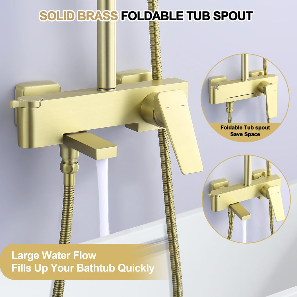Shower Systems with 12 x8 Inches Rain Shower Head,Brushed Gold Exposed Pipe Shower System,3 Functions Tub Shower