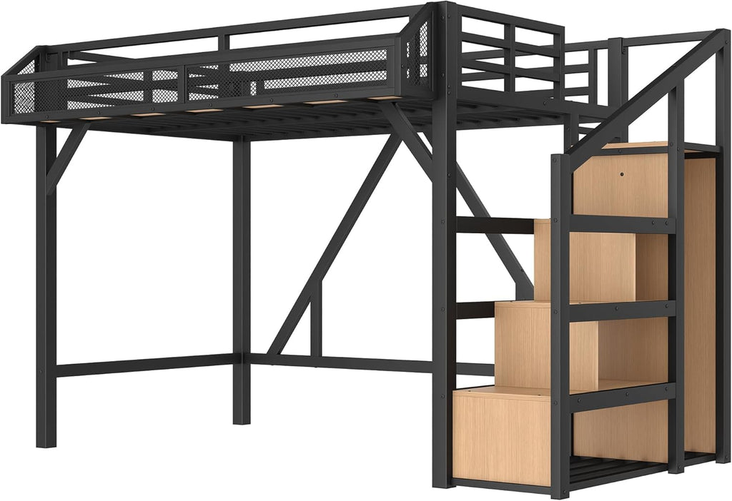 Twin XL Size Loft Bed with Stairs and Wardrobe,Heavy Duty Metal Loft Bed Frame with Shelves,LED Lights and Charging
