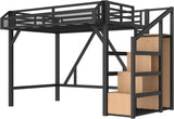 Twin XL Size Loft Bed with Stairs and Wardrobe,Heavy Duty Metal Loft Bed Frame with Shelves,LED Lights and Charging