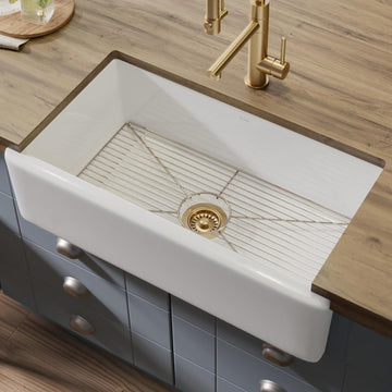 KFR1-33GWH Turino Reversible 33-inch Fireclay Farmhouse Flat Apron Front Single Bowl Kitchen Sink with Bottom Grid in