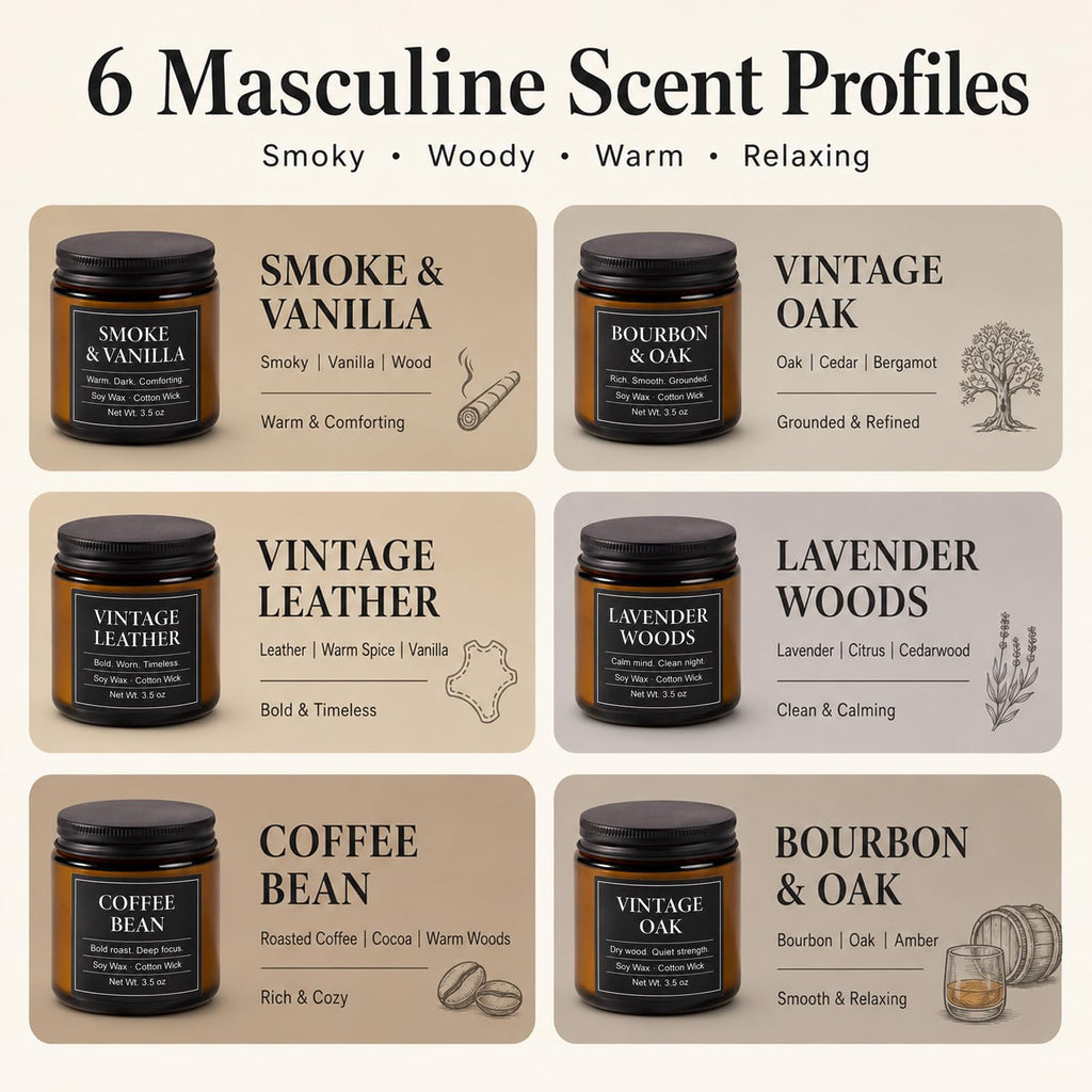 Scented Candles for Men, 6-Pack Soy Wax Gift Set, 6 Masculine Scents