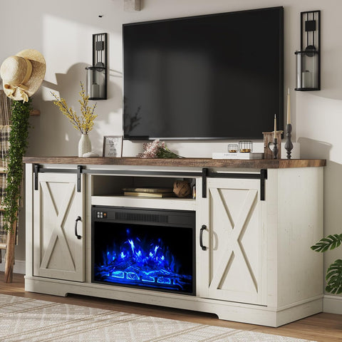 Fireplace TV Stand with Sliding Barn Door for TVs up to 73", Farmhouse 63" Fireplace Entertainment Center with Storage Cabinets/Adjustable Shelves, Distressed White & Barnwood A132-B0CCSRLNZ1