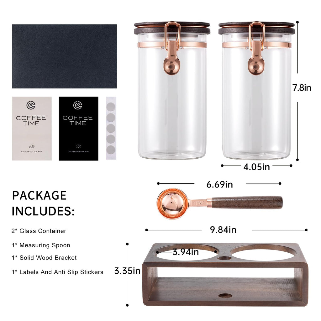 Glass Coffee & Sugar Canister Set, 2×45OZ Airtight Glass Storage Jars with Wooden Shelf and Scoop, Airtight Food