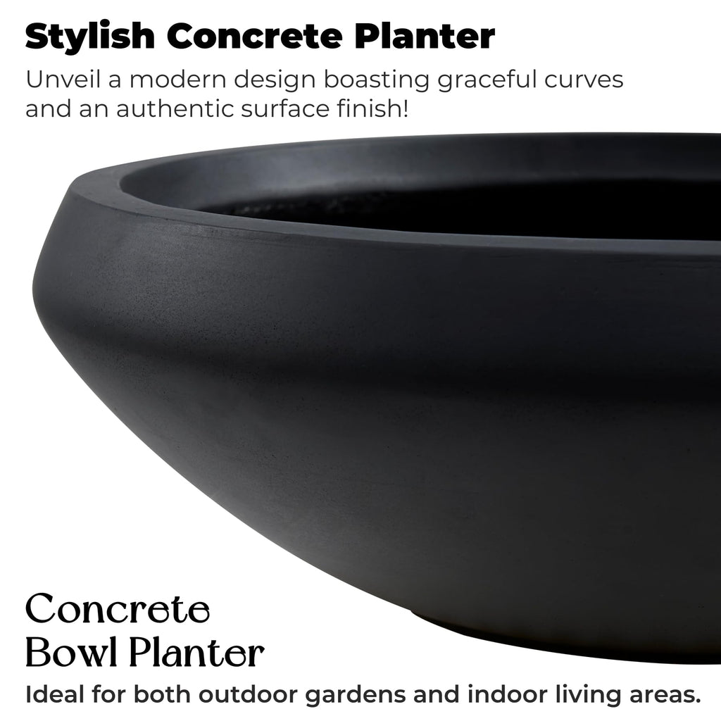 19" Dia Black Concrete Bowl Planter, Large Succulent Pot with Drain Hole