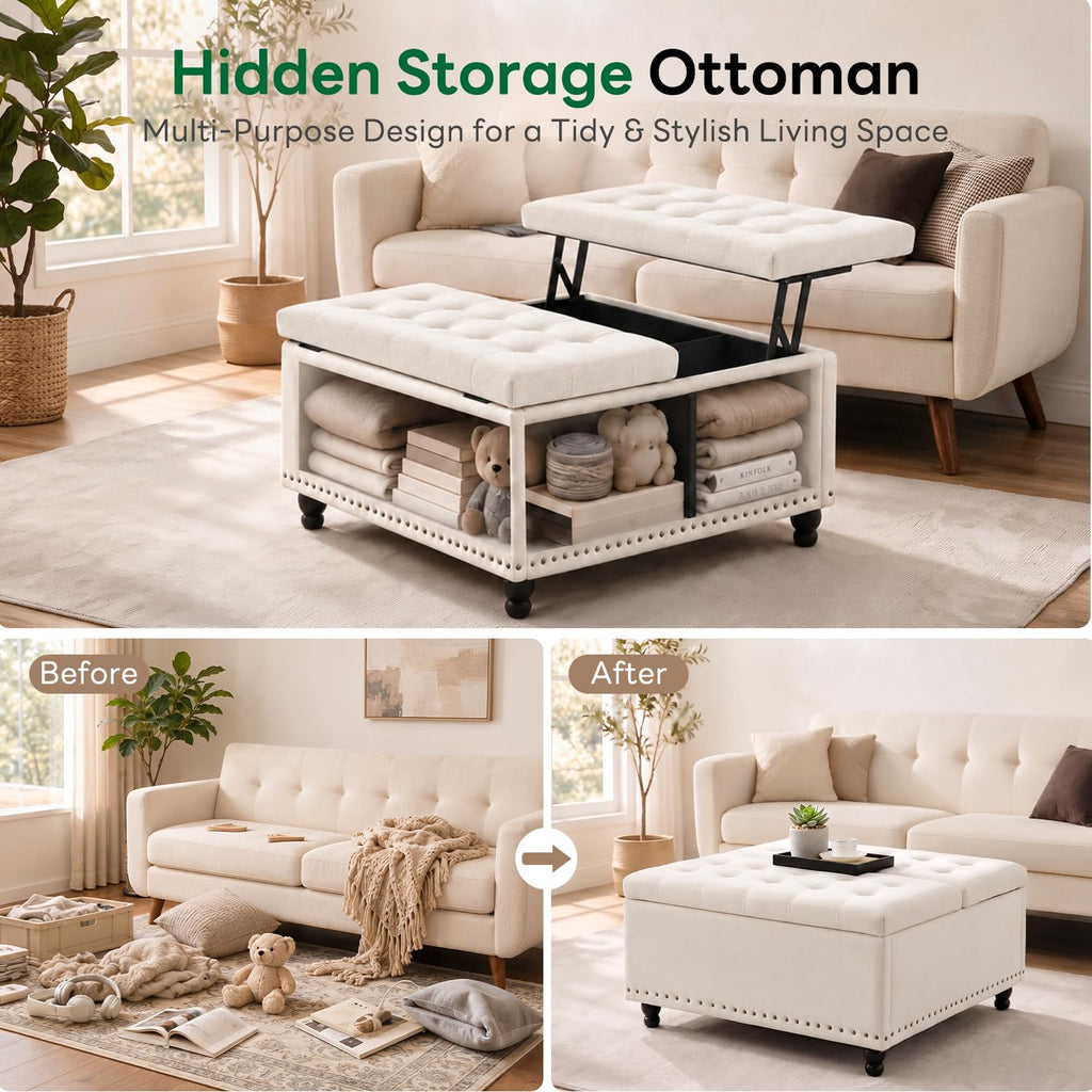 35.5 Inch Large Square Ottoman with Storage, Lift Top, Beige