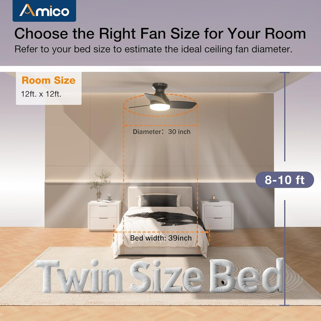 Ceiling Fans with Lights, 30 inch Low Profile Ceiling Fan with Light and Remote Control, Flush Mount, Reversible, 3CCT, Dimmable, Noiseless, Black Ceiling Fan for Bedroom, Indoor/Outdoor Use A102-B0C61K8BCF