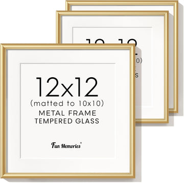 12x12 Gold Picture Frame, 12 x 12 Metal Frame Set of 3, Modern Gold Aluminum Frames with Tempered Glass, Matted to