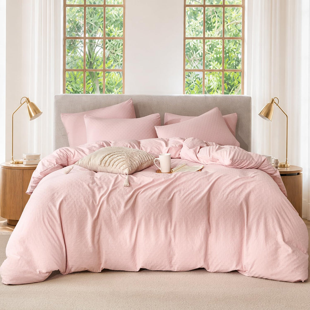 Pink Comforter Set Queen Polka Dot Soft Luxury Washed Microfiber Jacquard 3 Pieces Bedding Set, Pink Polka Dot