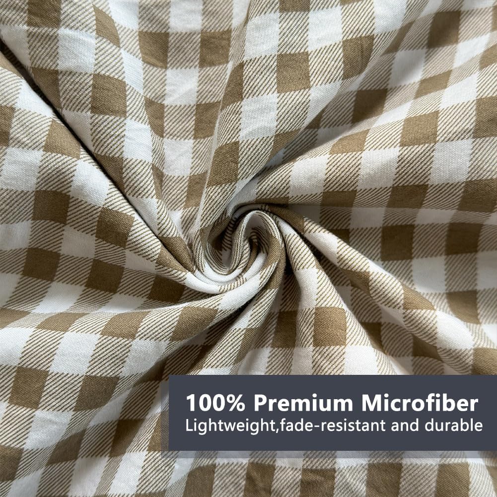 Tan Gingham Ruffle King Sheet Set, Taupe Soft Pre-Washed Microfiber Plaid King Bed Sheets, 4-Pieces Farmhouse Sheet