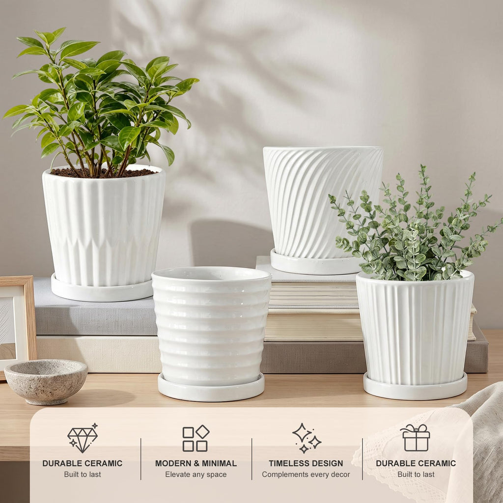White 6 Inch Flower Pots for Plants, Ceramic Planter with Drainage Holes