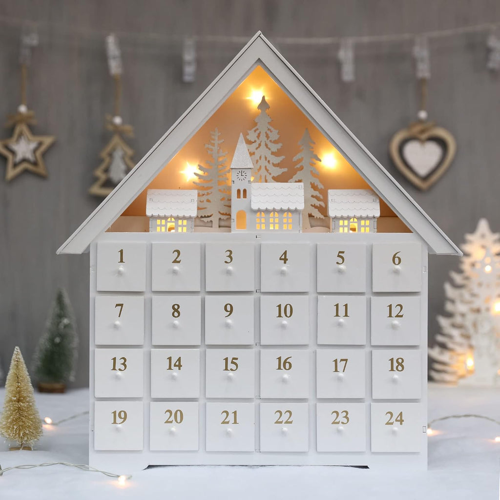 Christmas Wooden Advent Calendar House with 24 Drawers, Countdown to Christmas for Kids, LED Home Decoration, L16.25