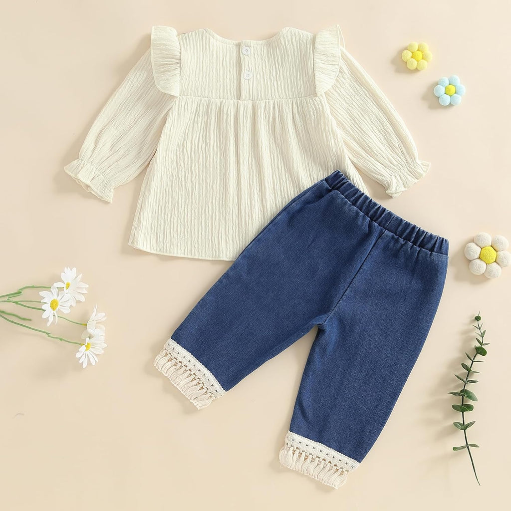 Toddler Baby Girl Crochet Blouse Tassel Denim Pants 2Pcs Boho Outfit Set