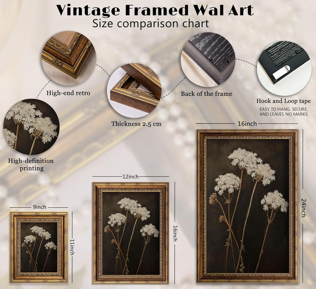 Vintage Gold Framed Floral Wall Art Retro American Mid-Century Flower Wall Decor Painting Dark Moody Flower Botonical