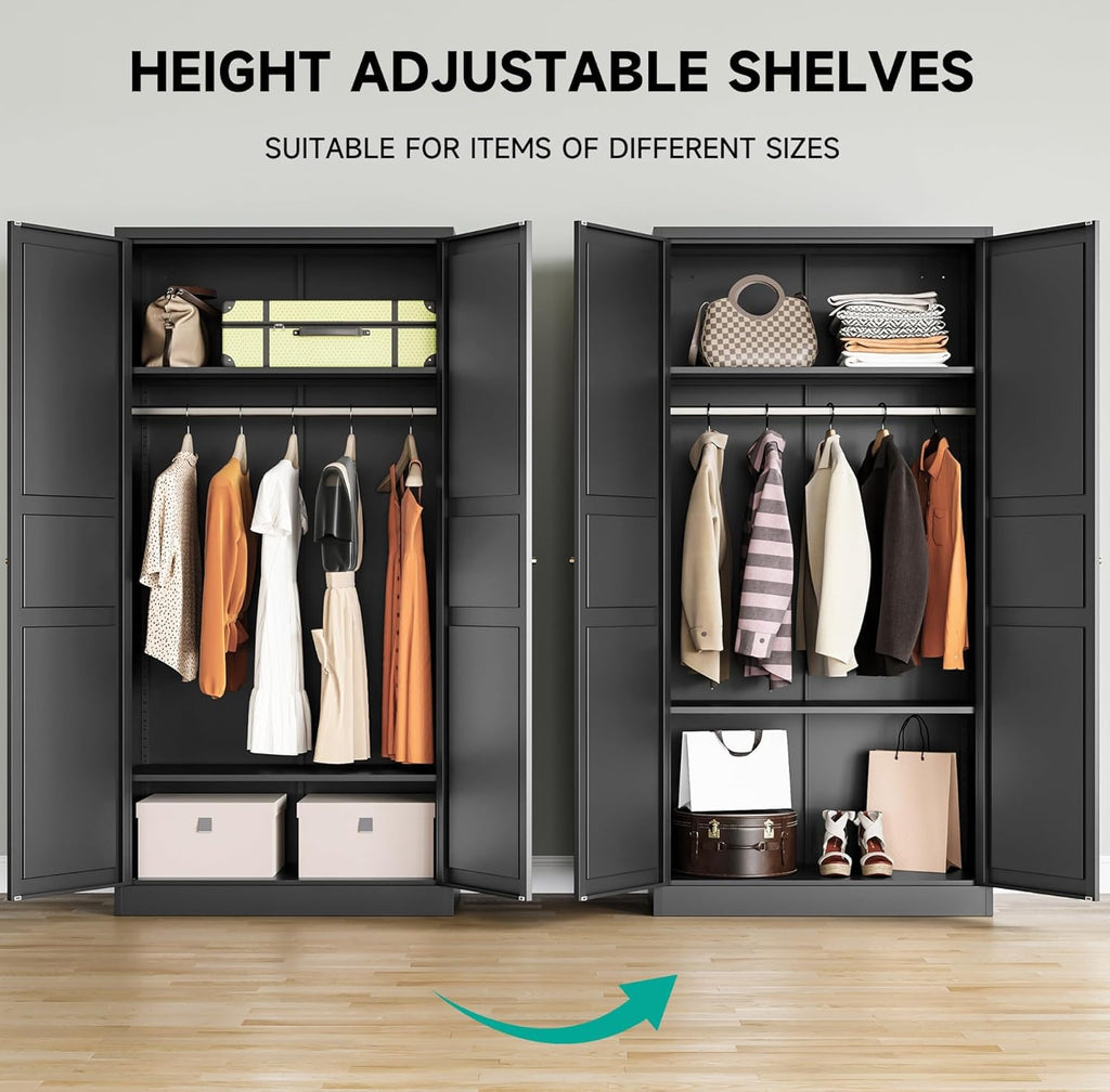 Metal Wardrobe Cabinet with Hanging Rod, Black Armoire Wardrobe Closet, Metal Clothing Storage Cabinet with Adjustable