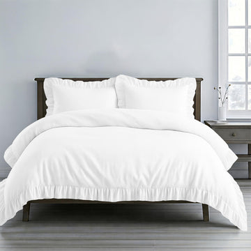 3 Pc White Ruffle Trim Duvet Cover Set King Size-100% Egyptian Cotton 600 TC Frilled, Shabby Chic Bohemian-Vintage