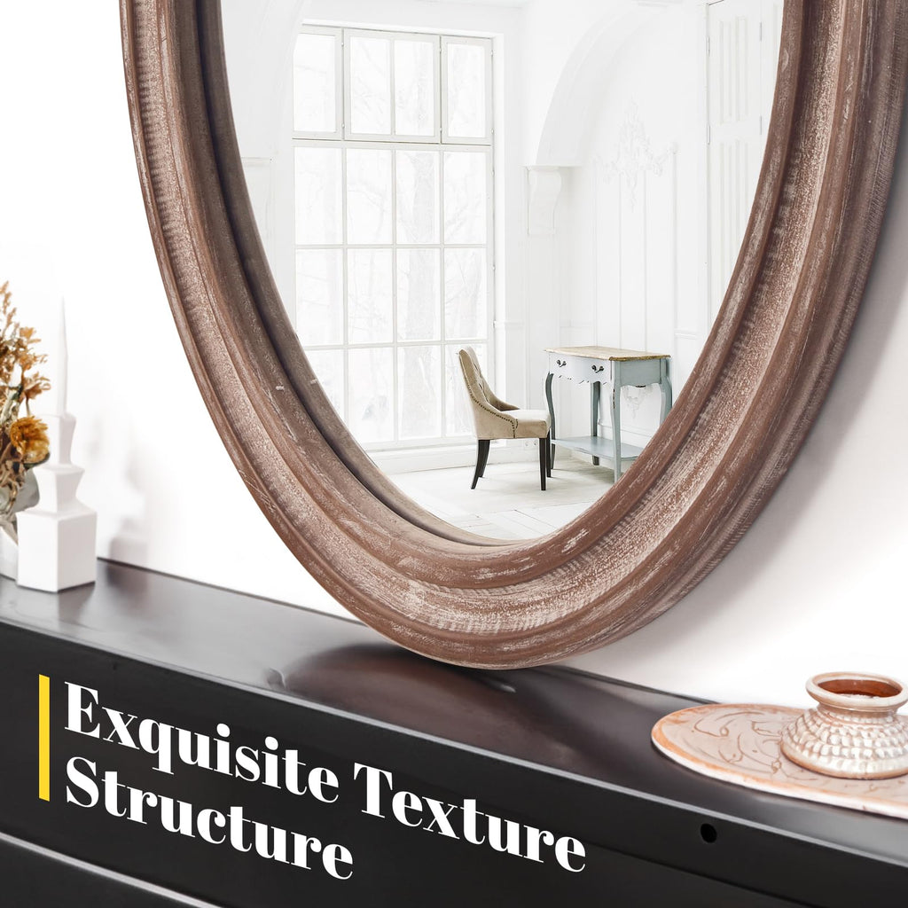 Wood Oval Mirror, 24x30"Farmhouse Rustic Decor Bathroom Vanity Wall Mirrors