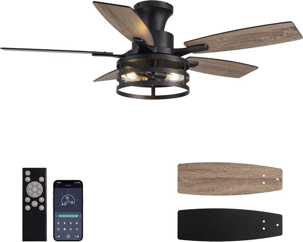 42 Inch Flush Mount Ceiling Fans with Lights and Remote Control, Farmhouse Ceiling Fan with LED Lighting