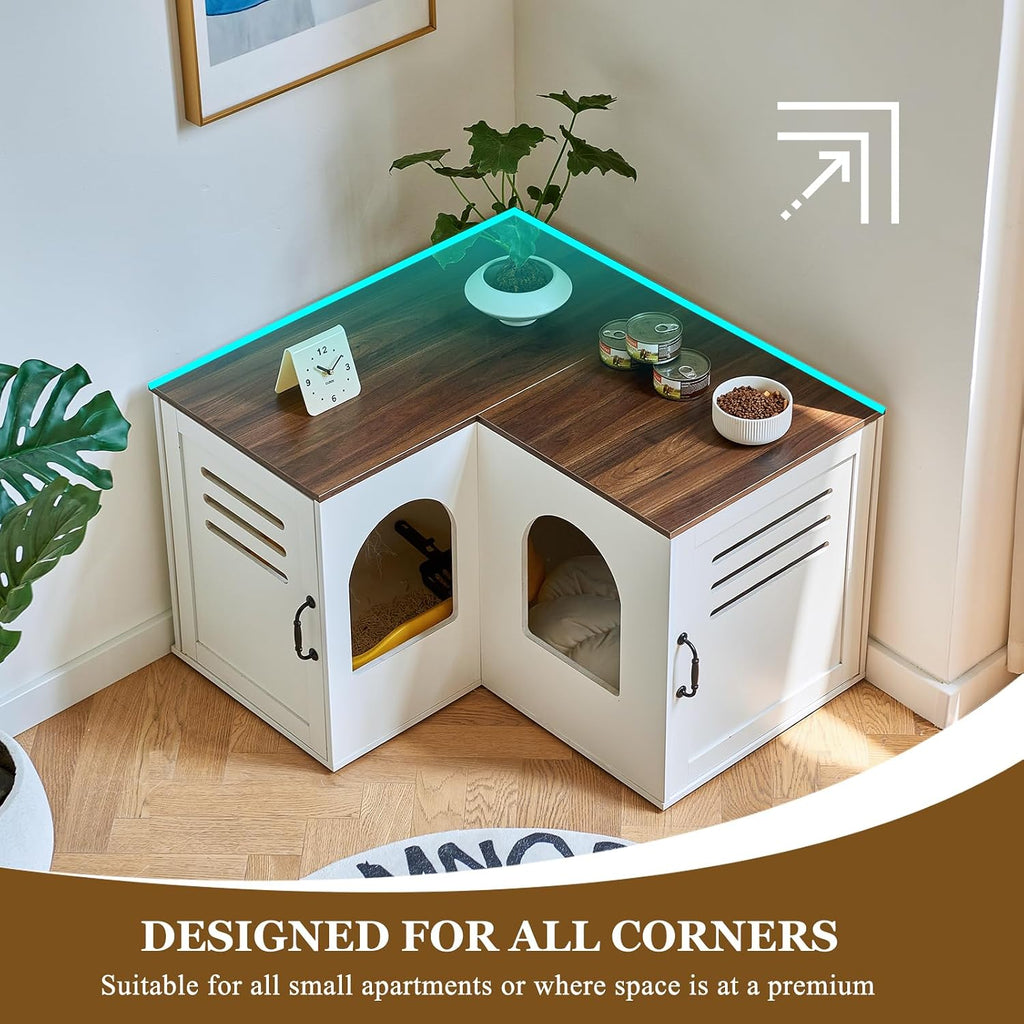 31.5in Corner Cat Litter Box Enclosure with Double Room, White
