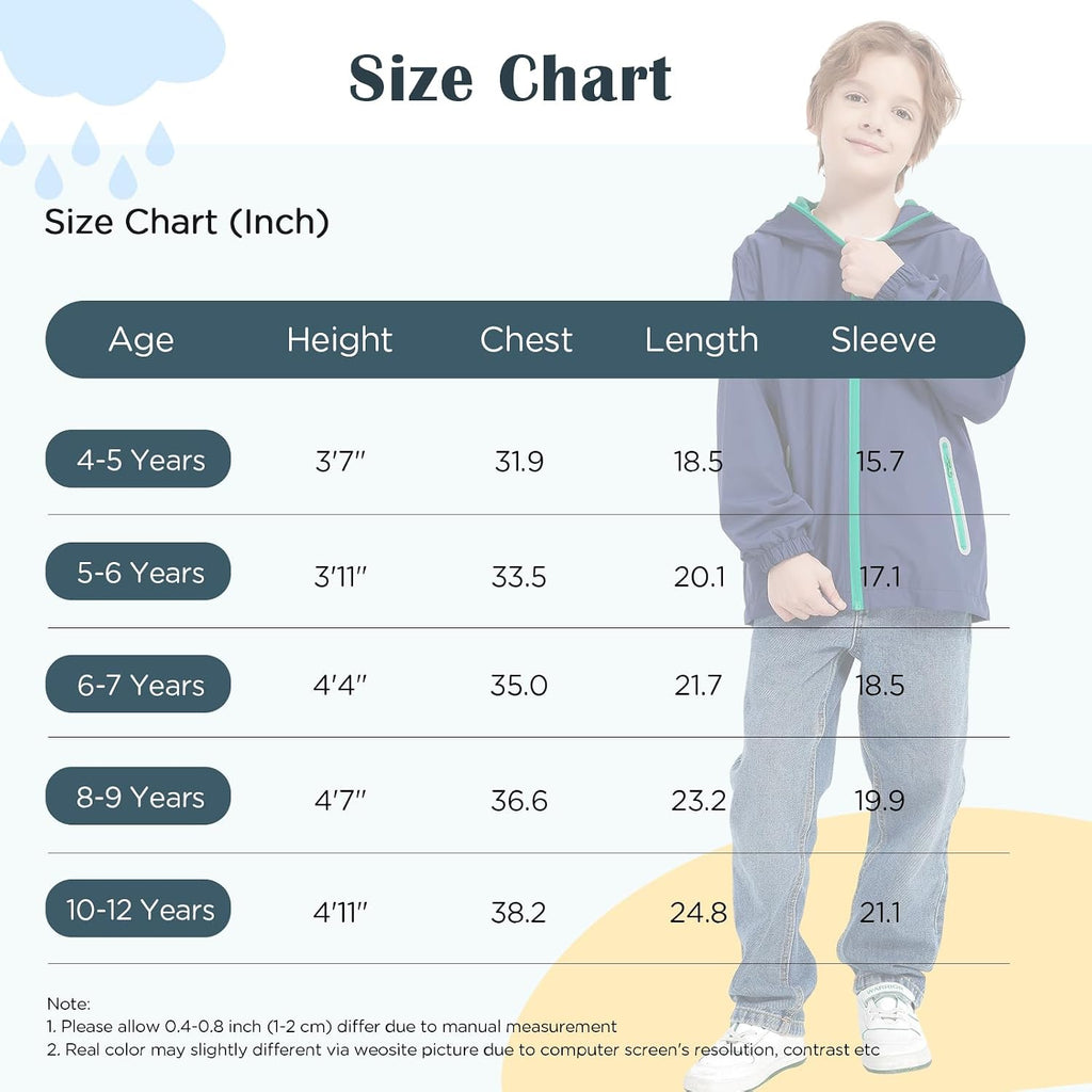 Kids Rain Jacket with Air Vents Mesh Lined, Hooded Raincoats with Extended Brim for Boys Girls