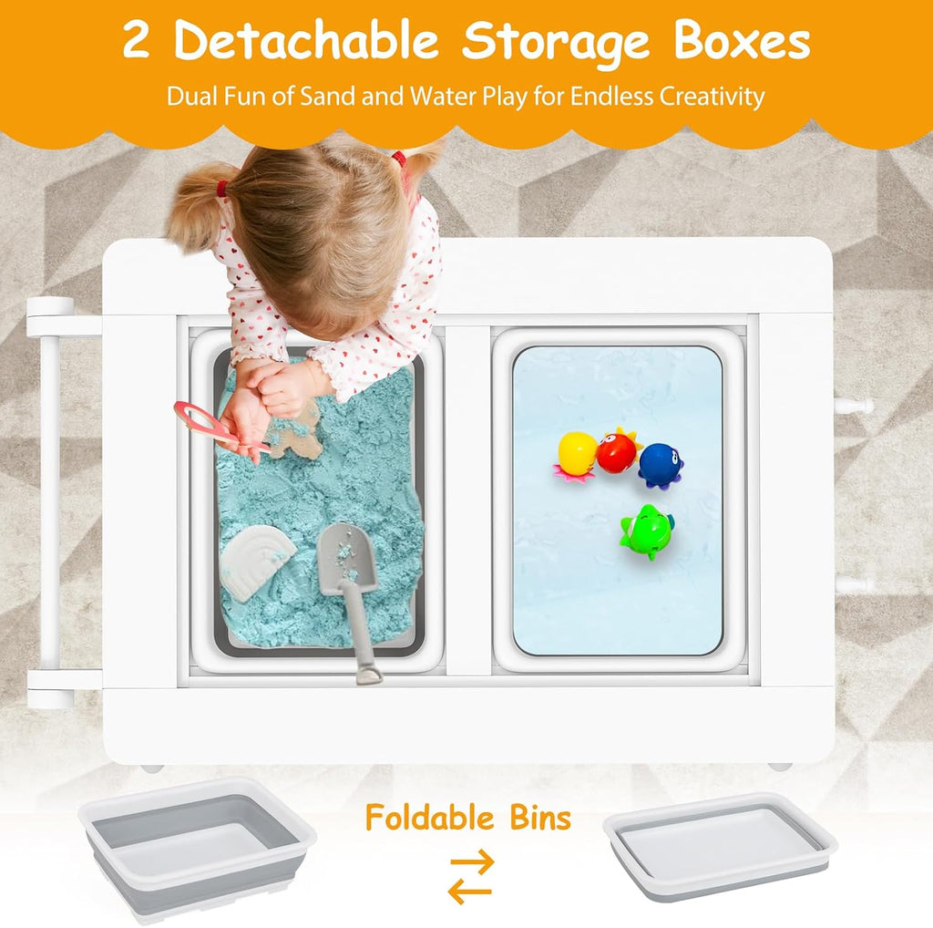 Sensory Table and Chair Set, Wooden Sand & Water Activity Set w/Paper Roll, Blackboard & Whiteboard, Building Block