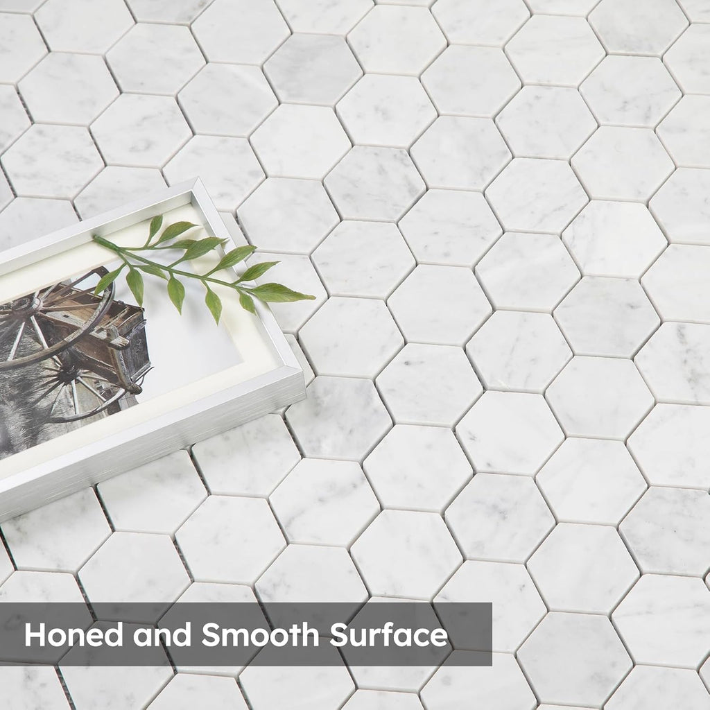 Carrara White Marble Mosaic Tile, 2 Inch Hexagon, Matte, Italian Bianco Carrera Marble Backsplash Bathroom Wall
