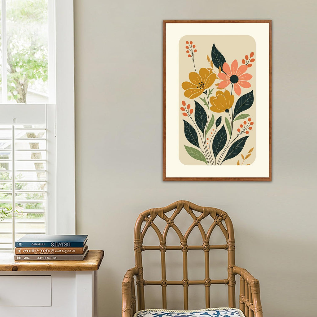 Boho Floral Botanical Framed Canvas Wall Art Set,Abstract Vintage Beige Wall Decor,Minimalist Wildflowers Artwork